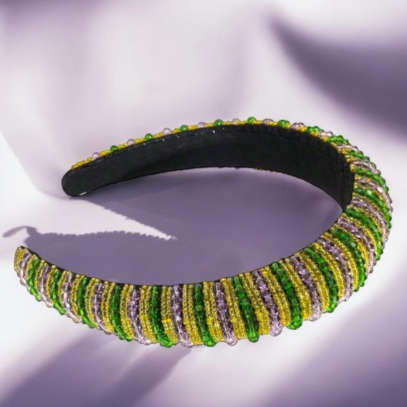 Beaded Mardi Gras Headband - Vibrant Purple, Green, & Gold 💜💚💛 - Picture 2 of 7